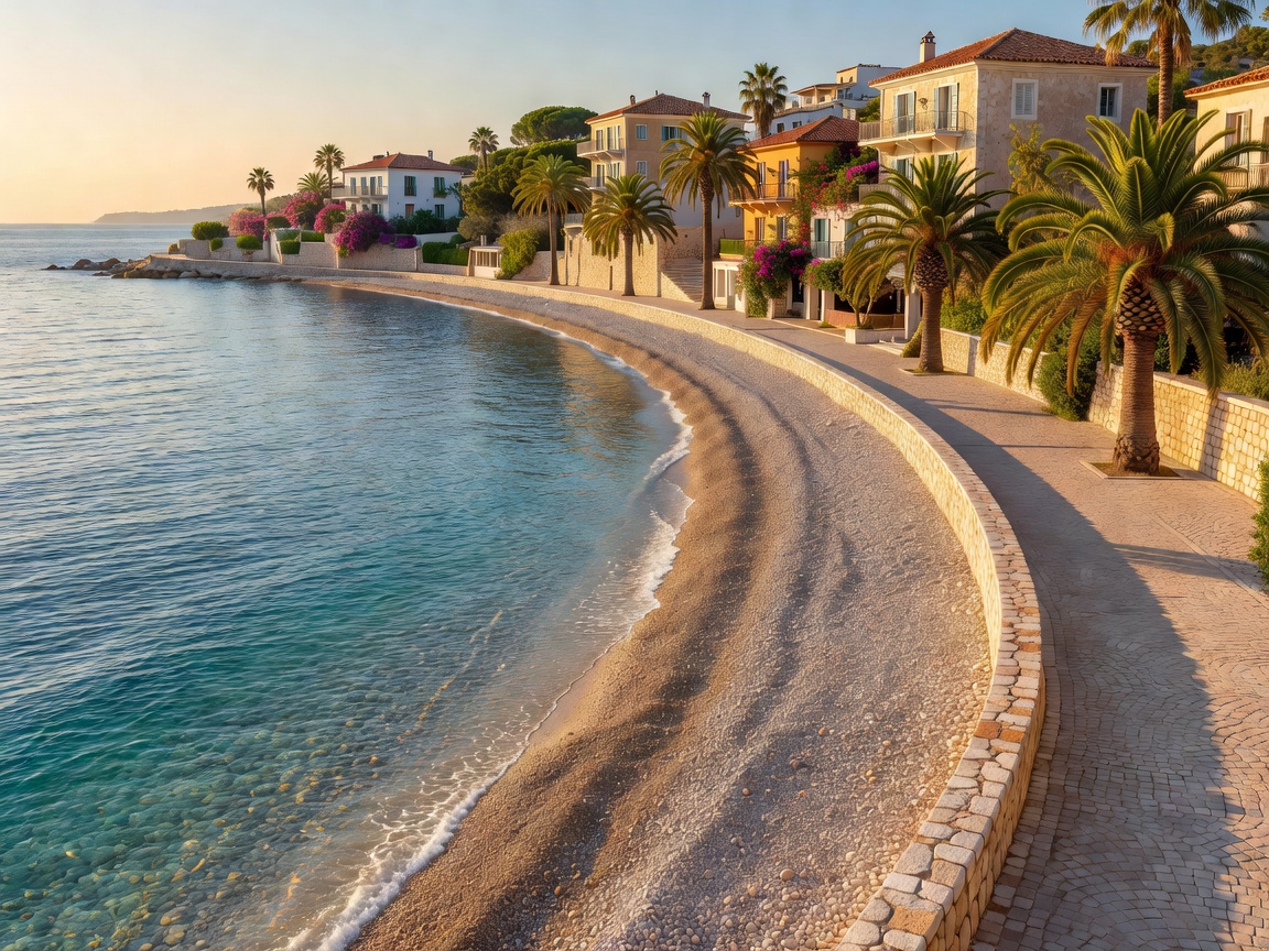 Curving Mediterranean bay with a pebble beach and palm-lined promenade