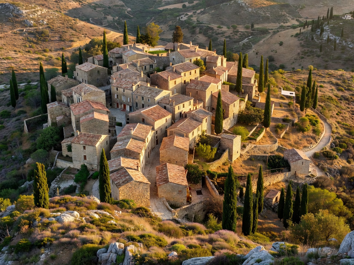 Hilltop stone village in Provence surrounded by dry scrub and cypress trees