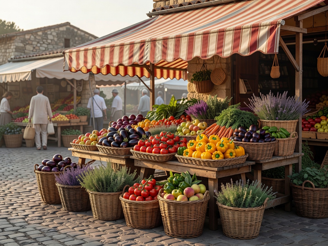 Provençal morning market stall with baskets of produce under a striped awning
