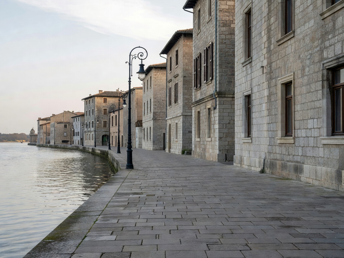 Riverside quay with stone facades, street lamps and a wide paved walkway