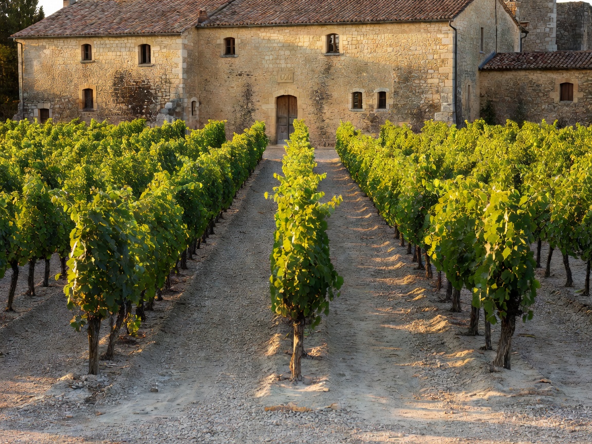 Rows of vines on gravel soil leading towards a stone wine estate building