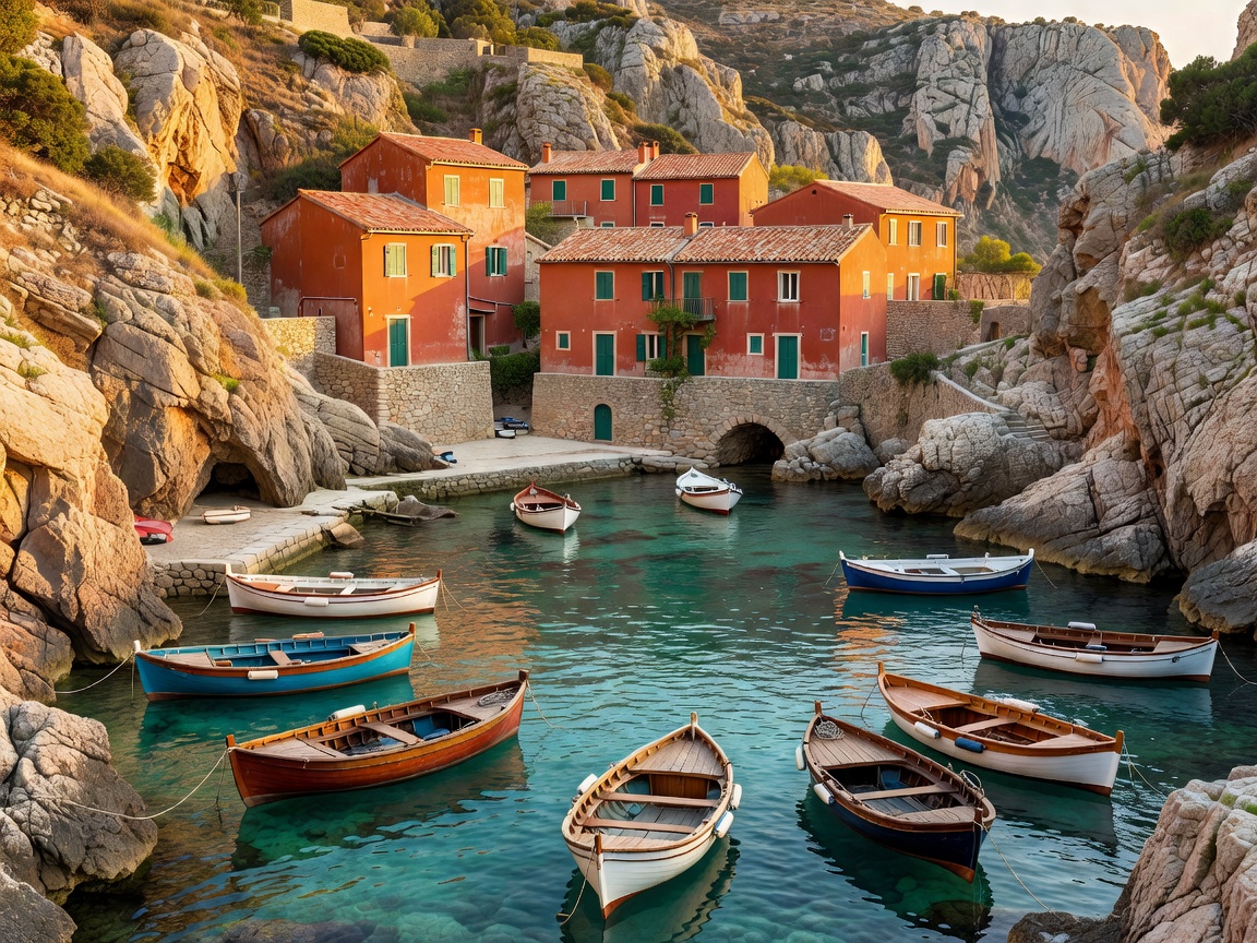 Small Mediterranean cove with moored boats below terracotta houses