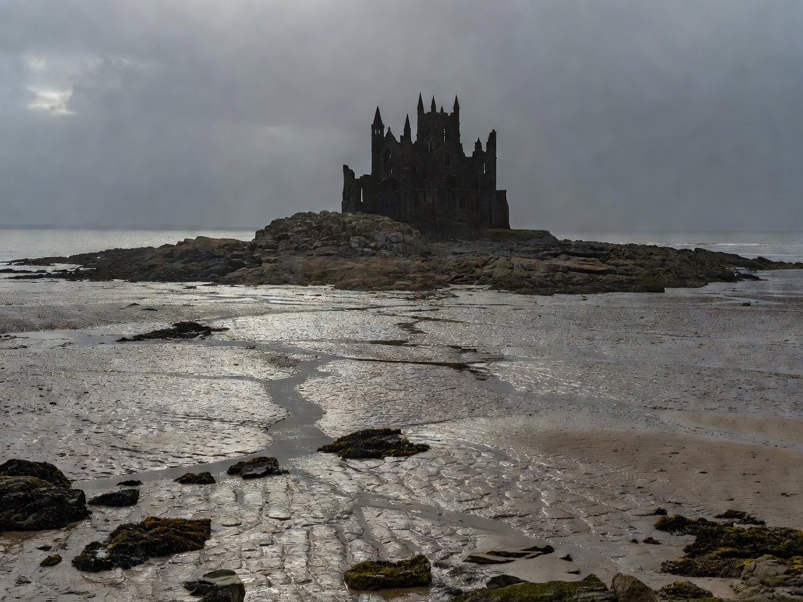 Tidal bay at low water with an abbey silhouette rising from a rocky island
