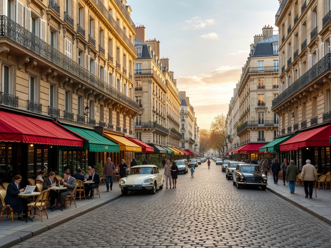 Wide Parisian boulevard with Haussmann-era apartment buildings and café awnings