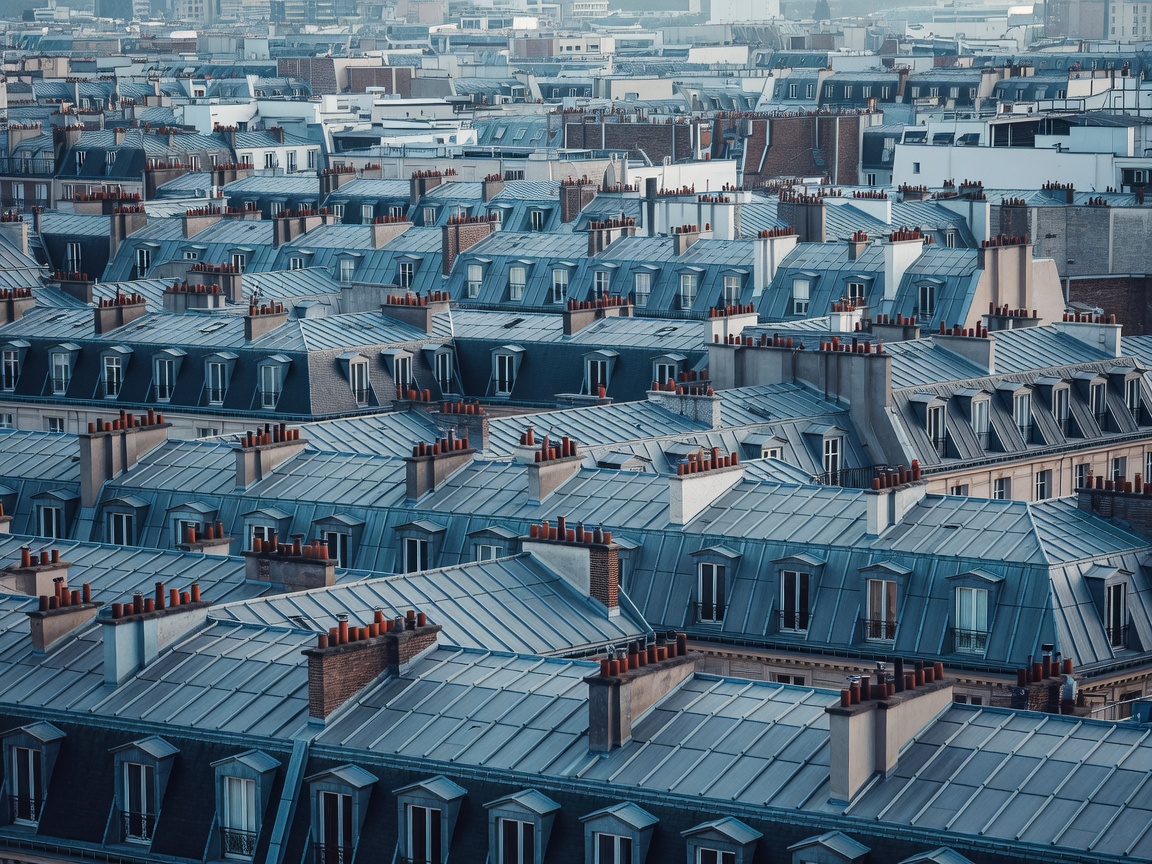 Zinc rooftops and chimney pots of central Paris seen from an upper window